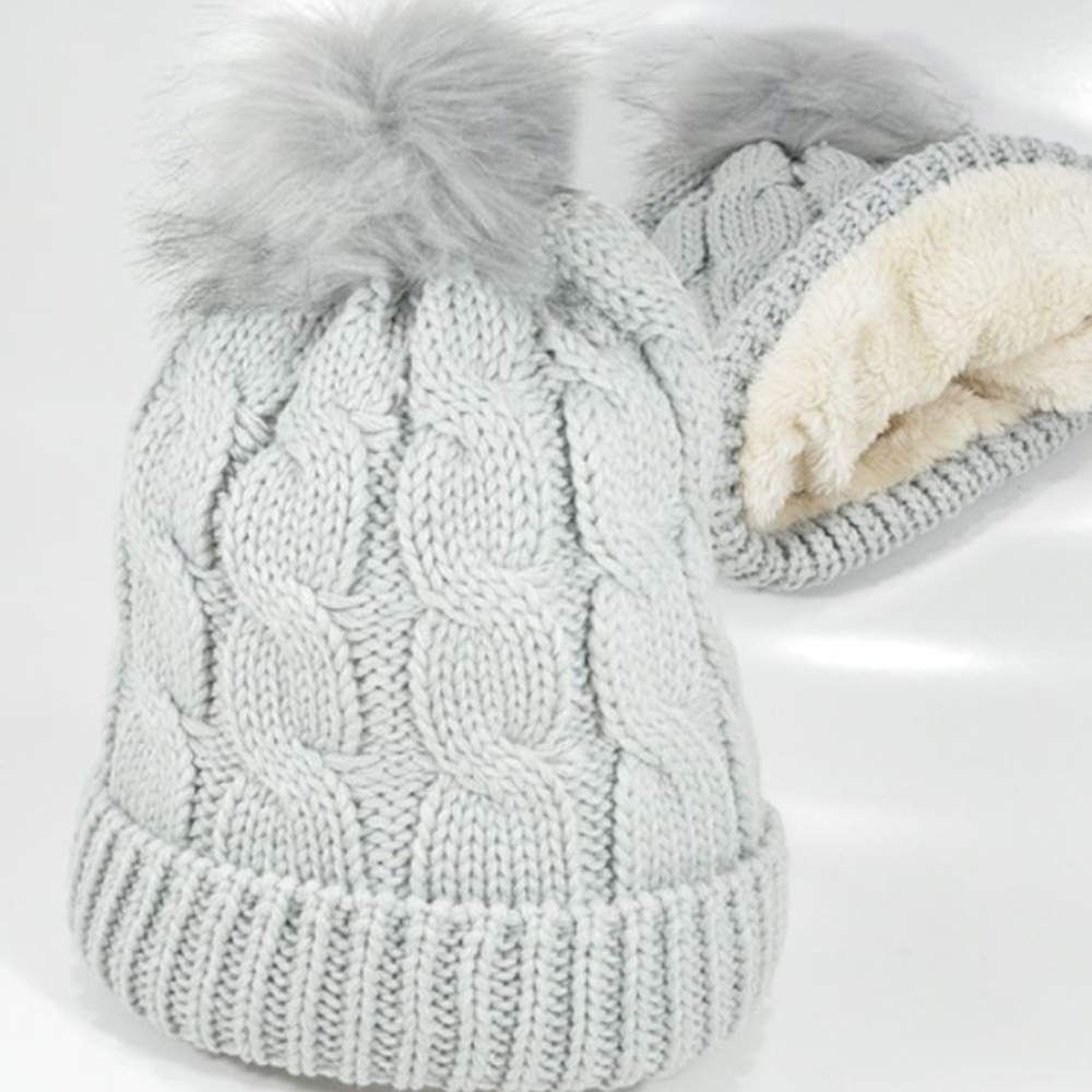 Cozy Winter Light Silver  Beanie Pom Pom Faux Fur.